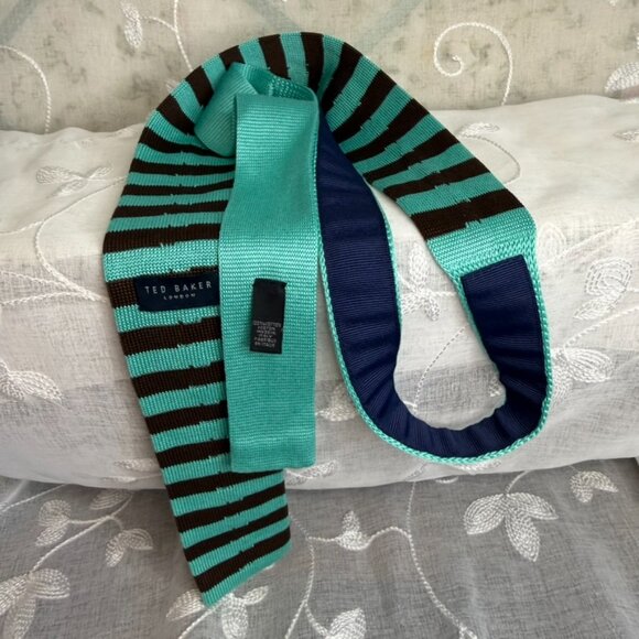 Men's Ted Baker Aqua & Brown Knit Tie stylish British business casual versatile - Picture 3 of 5